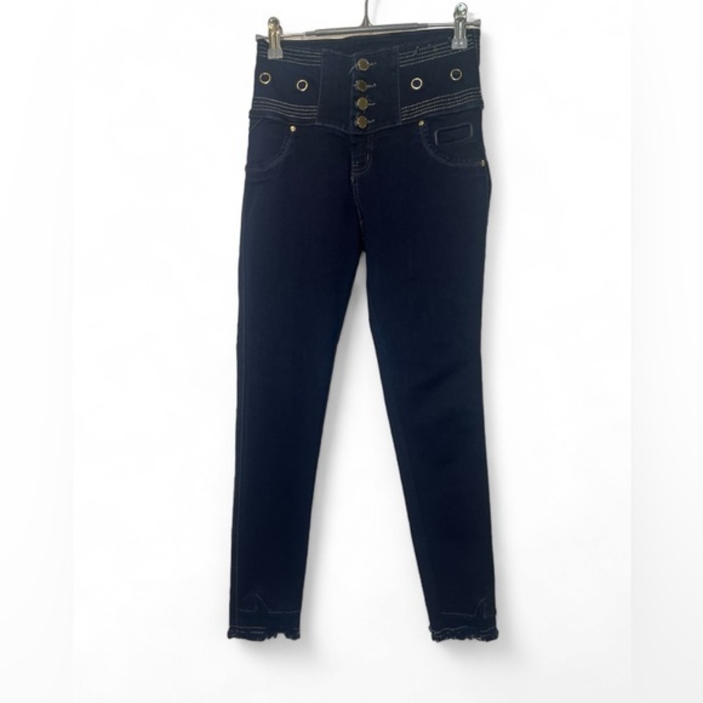 Eufforia Women Sizse 3 Dark Wash Ankle Fringe Hem Button Fly Faux Pocket Jegging